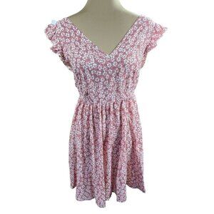 Shein Floral V Neck V Back Keyhole Frill Trim Dress Pink White Size 6